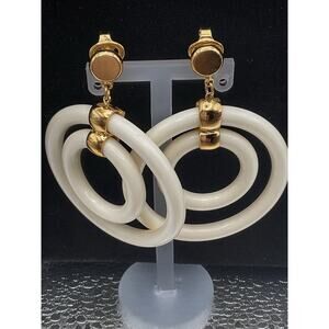VTG Crown Trifari Earrings Lucite Large Modernist Dangle Two Hoop Gold Tone Clip